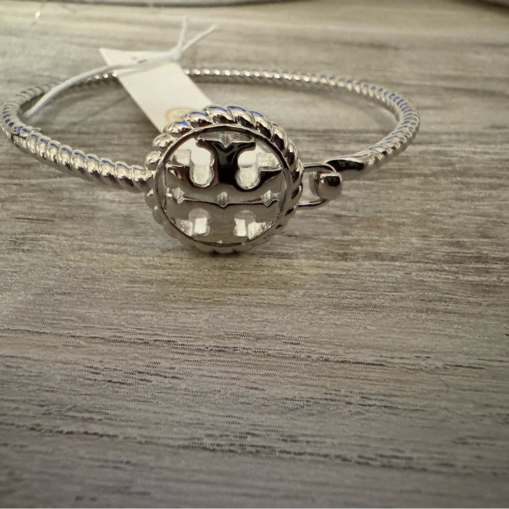 NWT Tory Burch Women's Rope Logo Hinged Cuff Silver Bracelet